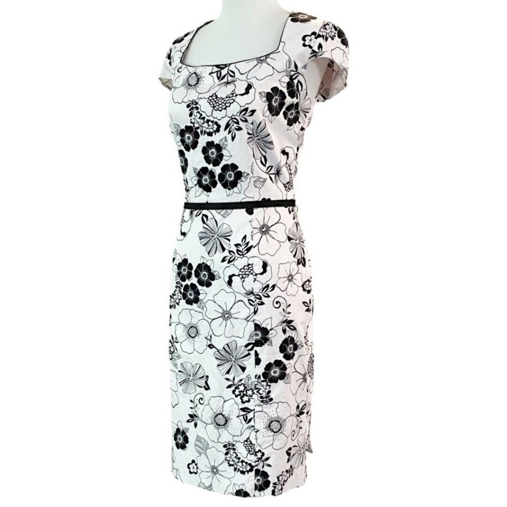 Tahari Cap Sleeve Square Neck White-Black Stencil Floral Cotton Dress Size 10 - Picture 3 of 8
